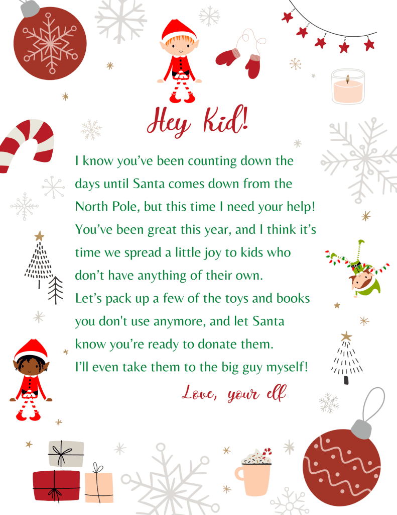 printable elf on the shelf toy donation letter