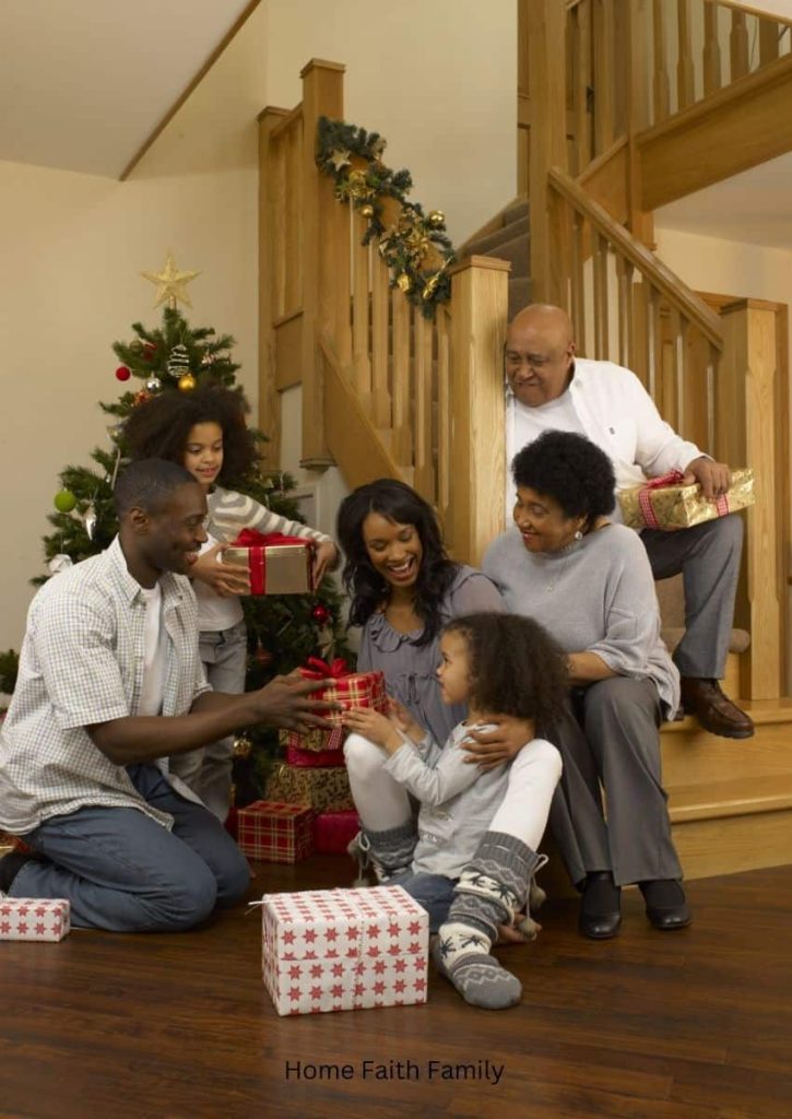A family exchanging Christmas gifts with each other.