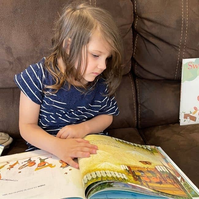 Preschooler reading shape books.