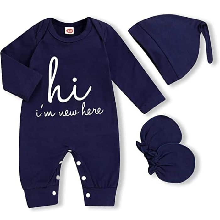 Simple and gender neutral newborn outfit for a baby to wear home from the hospital.