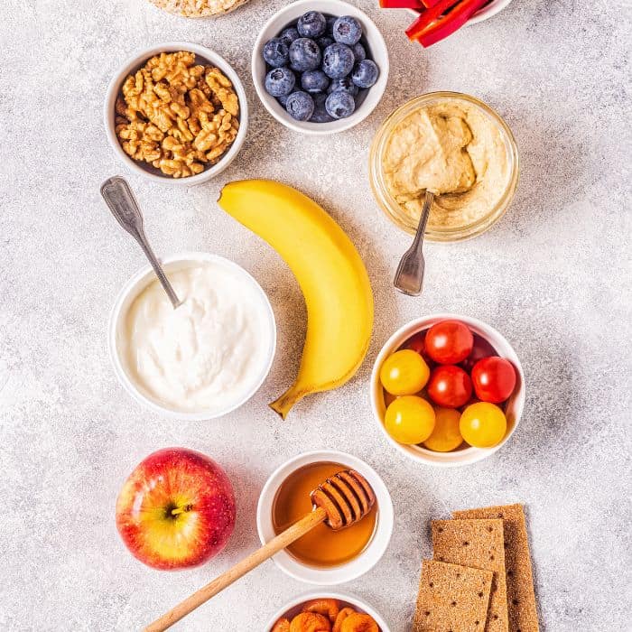 A tabletop of healthy snacks to eat.