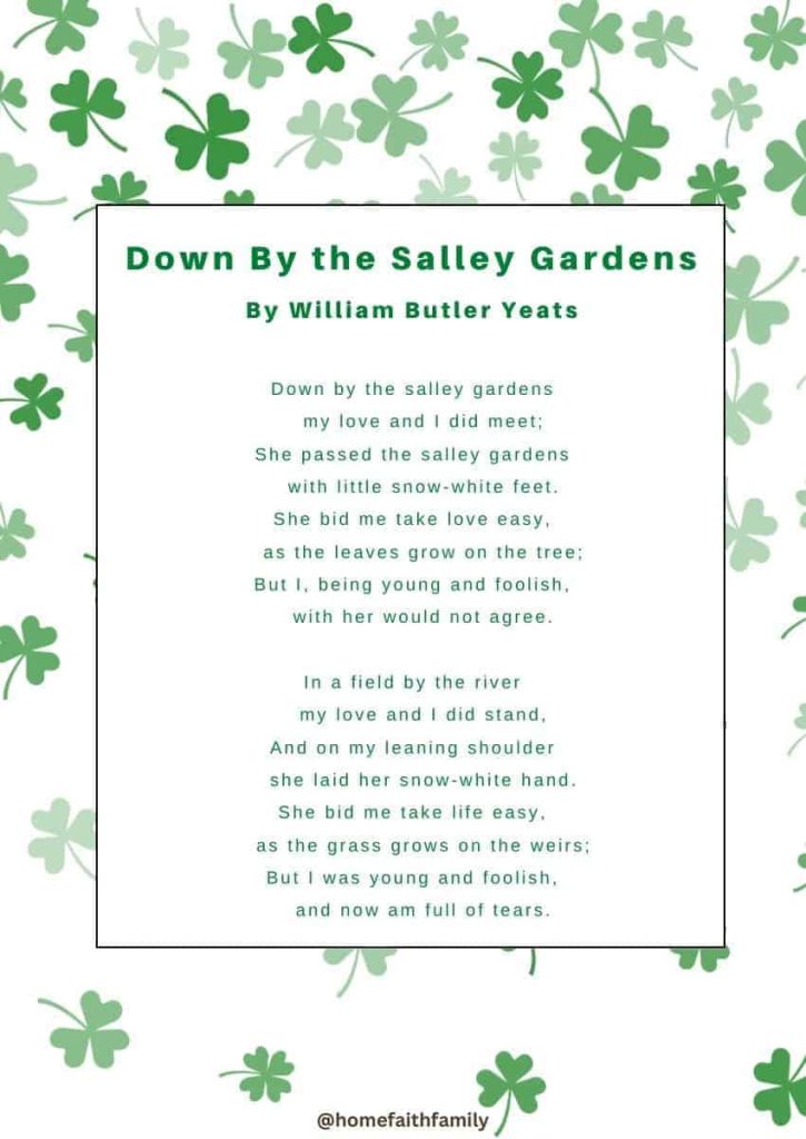 st patricks day poem for kids Down By the Salley Gardens By William Butler Yeats