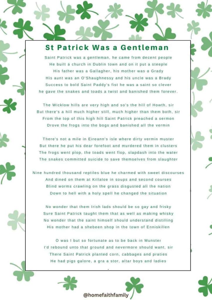 st patricks day poem for kids St Patrick Was a Gentleman