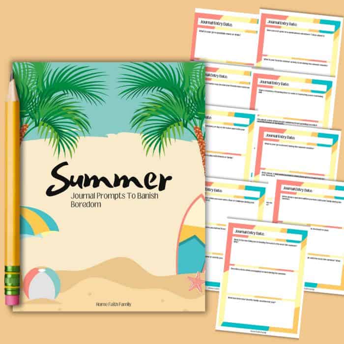 Promotional image for a "summer journal prompts to banish boredom" booklet with palm trees and a beach design, accompanied by sample filled-out journal cards and pencils.