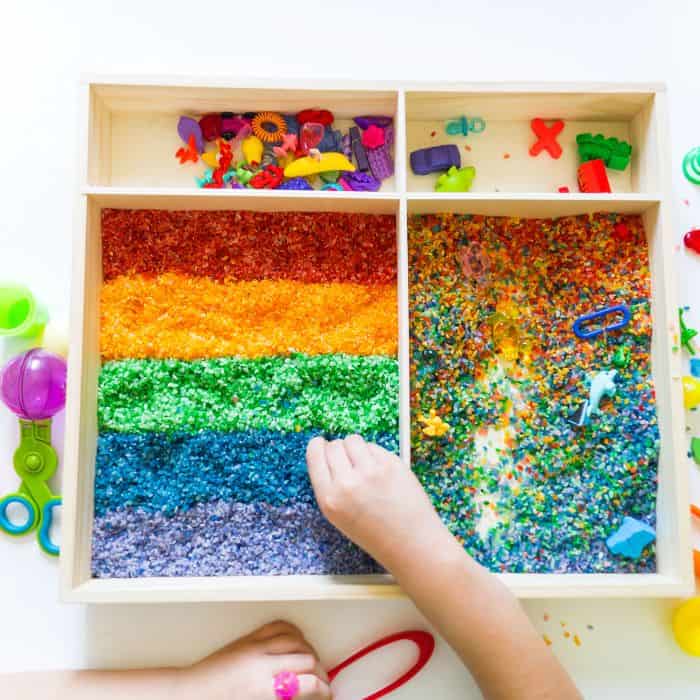 A rainbow sensory bin.